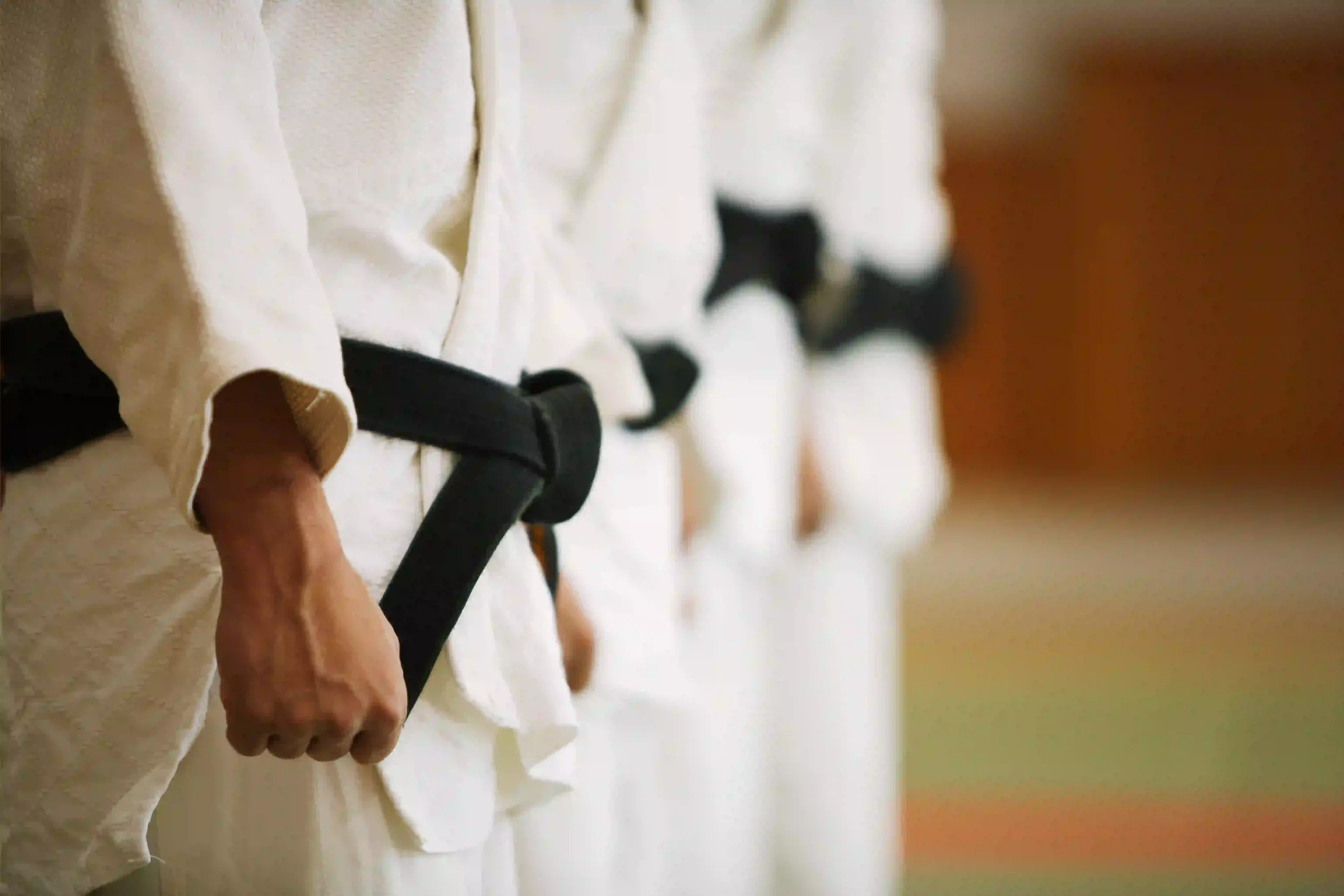 Plusieurs judokas en kimono blanc et ceinture noire se tiennent alignés dans un dojo.
