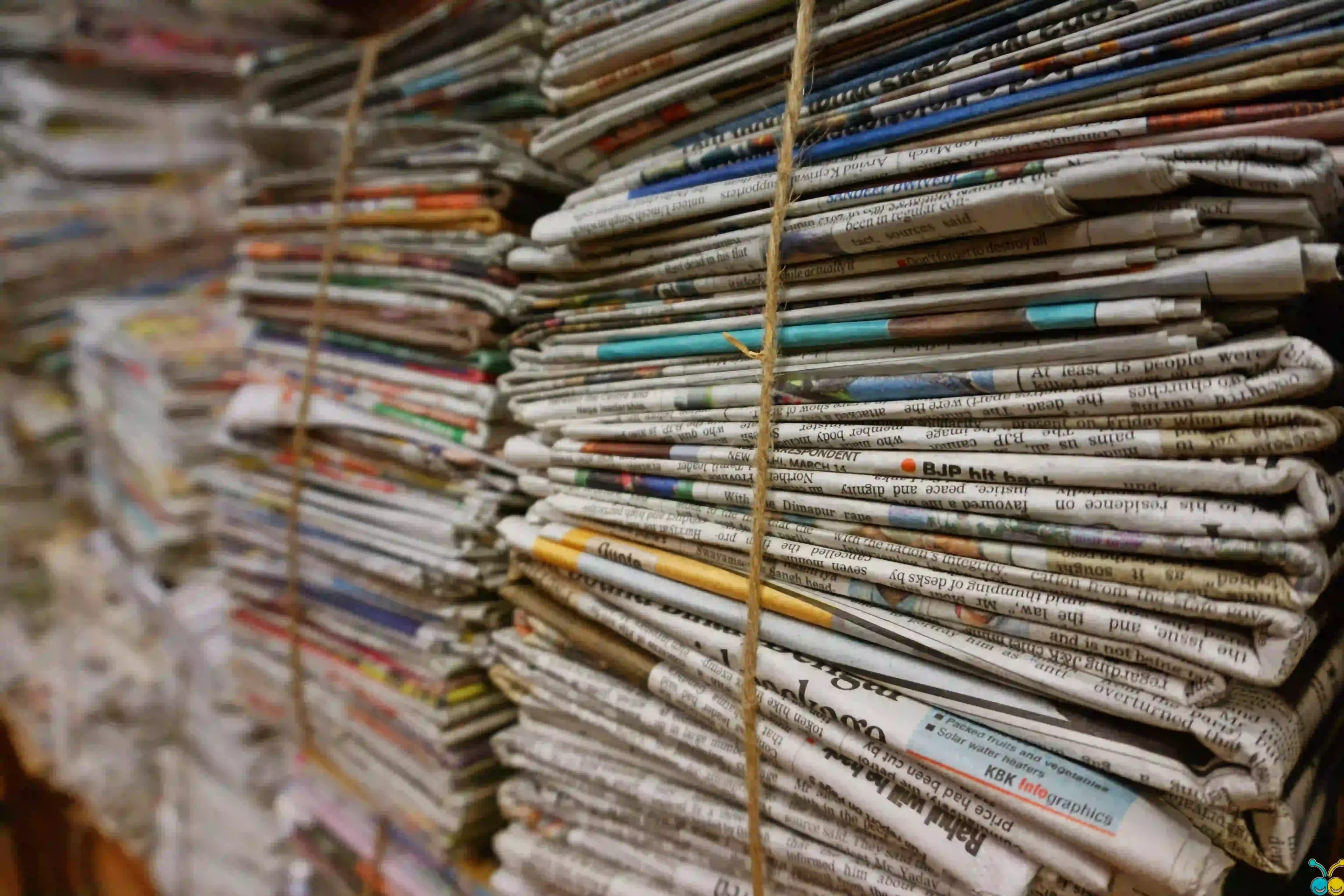 Plusieurs piles de journaux imprimés sont regroupées et attachées avec de la ficelle.