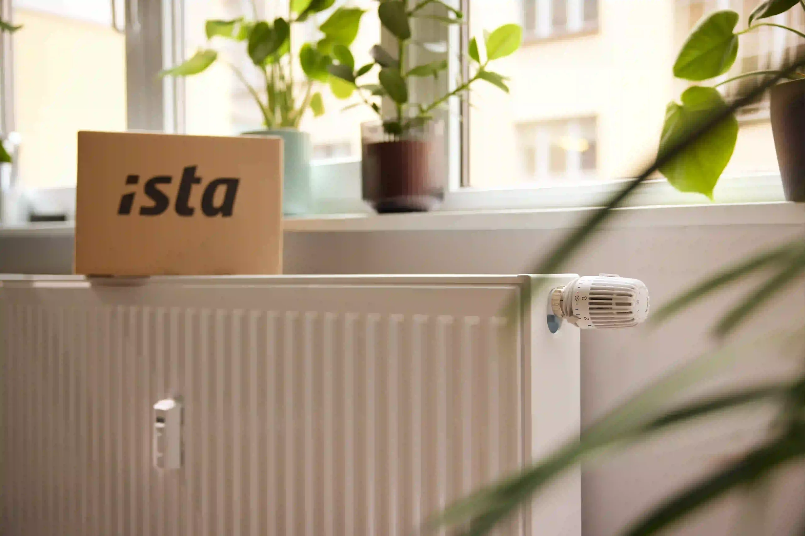 Un répartiteur de frais de chauffage ista est installé sur un radiateur blanc dans un logement.